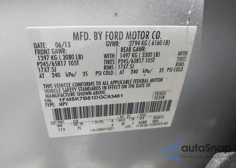 2013 Ford Explorer from USA, damaged, VIN 1FM5K7B81DGC93461